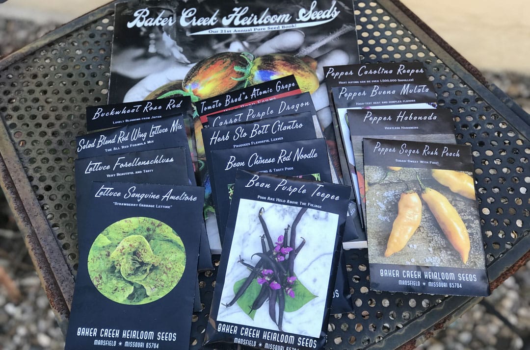 Various seed packets from Baker Creek Heirloom Seeds on an outdoor chair