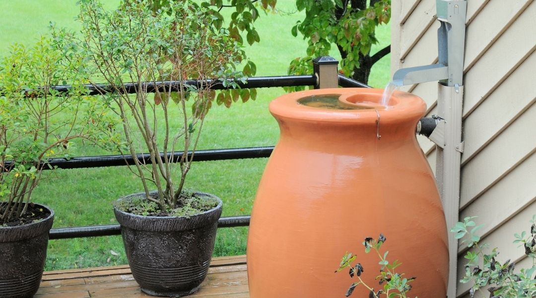 A rain barrel on a deck with a garden hose attached.