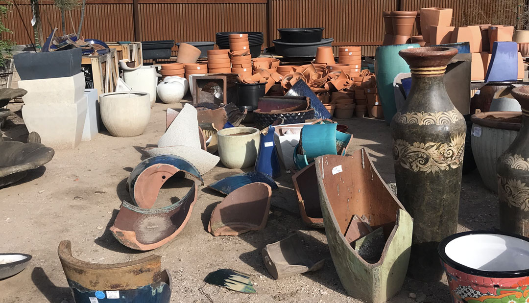 broken pottery planters pots at Green Things in Tucson Arizona