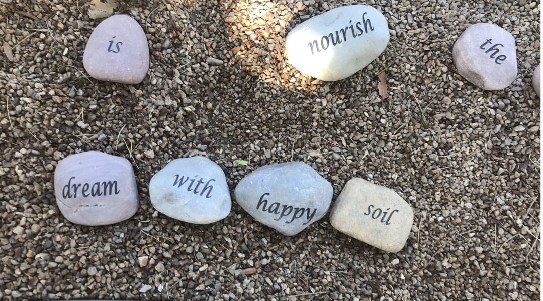 Rocks with words on them at the Tucson Botanical Gardens